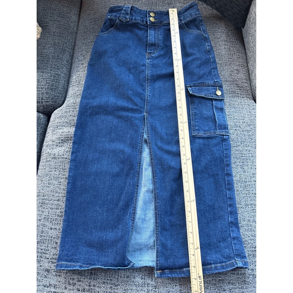 Cider Denim Cargo Edgy Maxi Skirt Blue Button Front Slit Pockets Size M - Picture 2 of 9